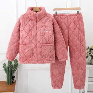 睡衣女冬季加厚拉链立领家居服套装三层加绒可外穿保暖简约时尚款