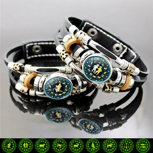 夜光12星座手链男女学生日礼物水瓶座狮子座手饰多层串珠皮革手环