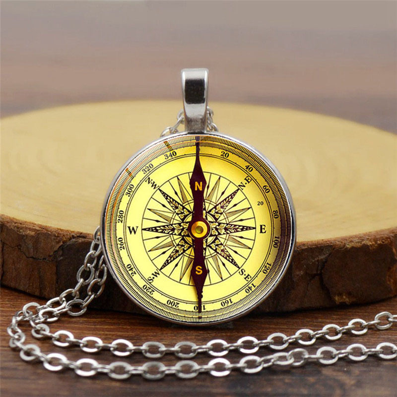 指南针图案时光宝石吊坠项链女百搭欧美复古毛衣链饰品