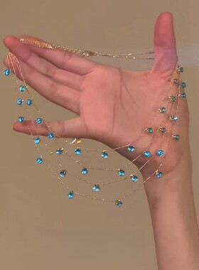 小红书同款多层叠戴蓝色水晶吊坠项链小众时尚设计轻奢气质锁骨链