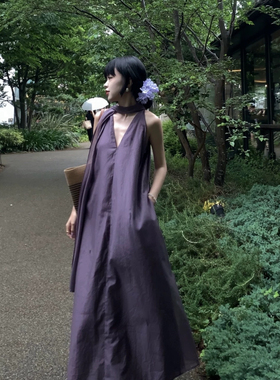 韦小小「无尽夏」双层天丝v领显白宽松气质飘逸天丝飘带仙女裙长