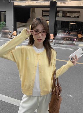 黄色甜美长袖针织开衫毛衣女外套秋冬假两件独特绝美上衣毛针织衫