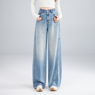 浅蓝色满天星烫钻阔腿牛仔裤女春季高腰显瘦百搭弯刀裤潮中青年