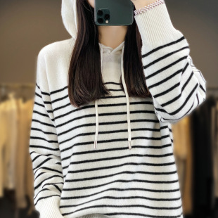 秋冬韩版 加厚条纹打底拼色针织上衣百搭毛衣单件纯色 女连帽长袖