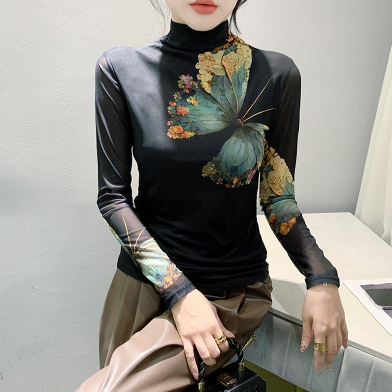 简繁有序高领打底衫印花网纱T恤