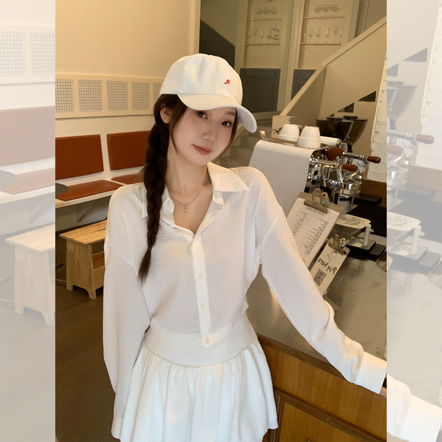 白色领纽扣凉感长袖衬衫女年秋季高级感褶皱短款上衣T恤开衫纯色