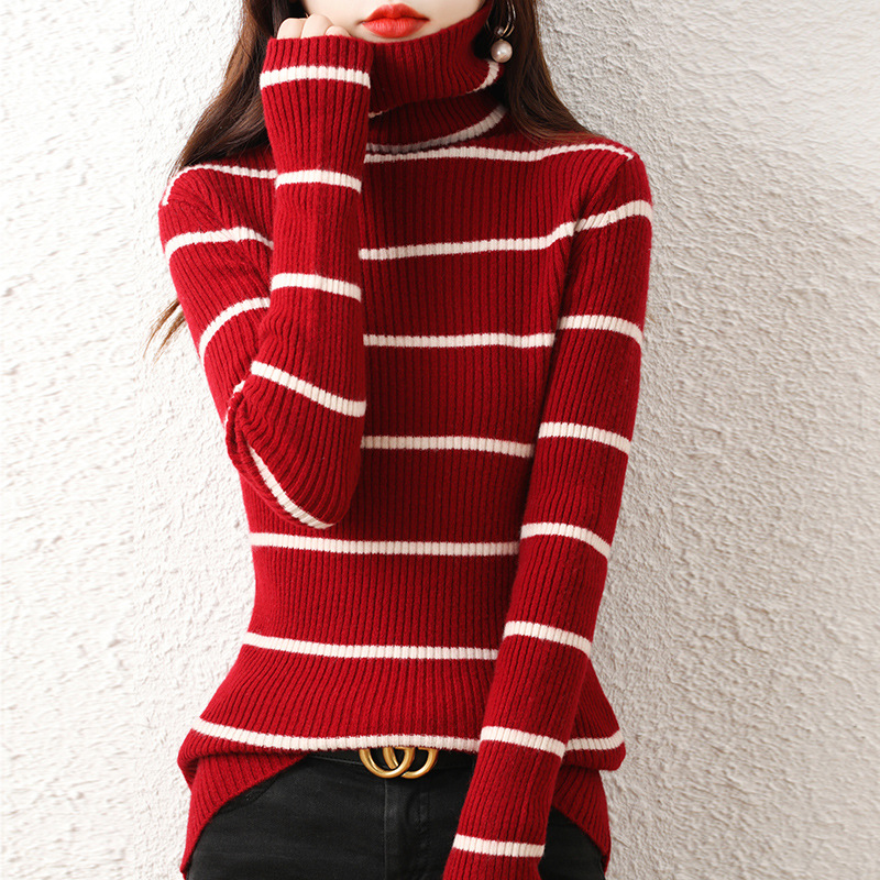 新款 秋冬高领毛衣女修身条纹内搭紧身堆堆领打底长袖针织衫套头