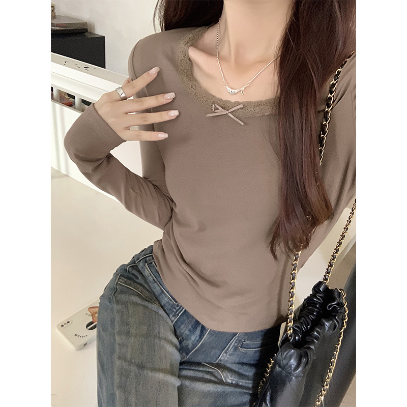 咖色拼接蕾丝针织长袖恤女早秋韩版内搭修身短款别致打底衫上衣