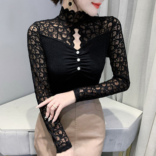紧身内搭洋T恤JY953 女长袖 女性感镂空蕾丝衫 实拍半高领打底衫