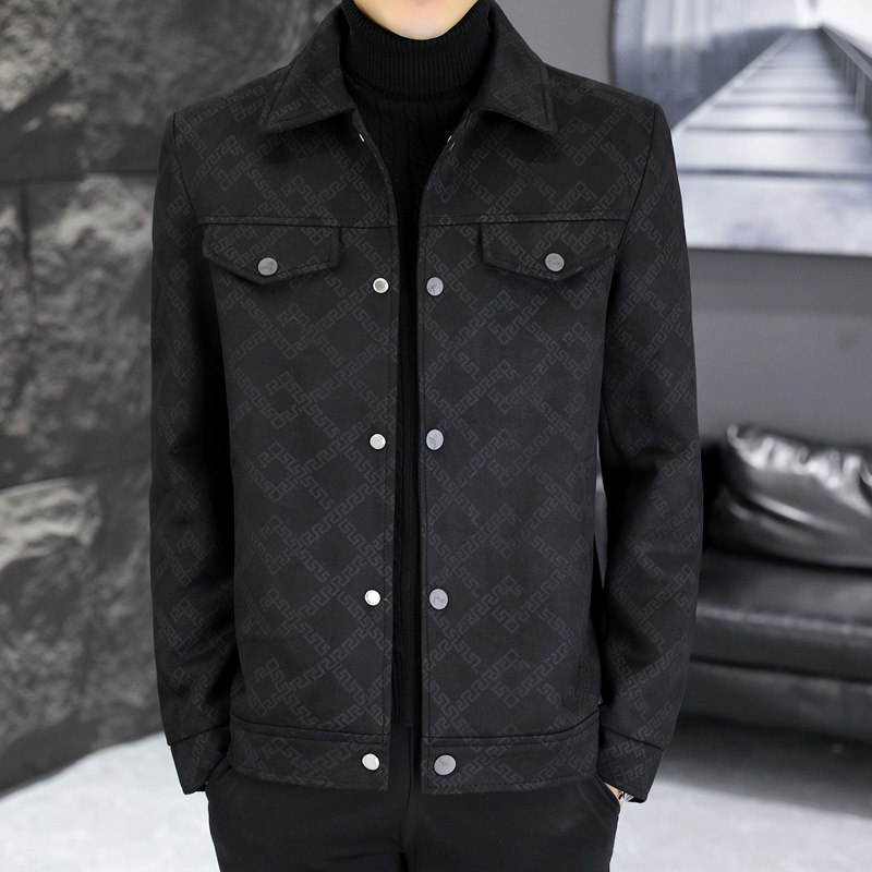 男士夹克秋冬季韩版修身潮流时尚翻领麂皮绒外套青年帅气短款上衣