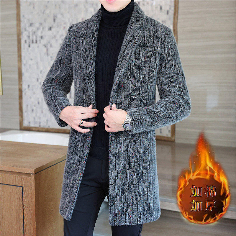 加棉毛呢大衣男秋冬季潮流时尚中长款西装领风衣加厚保暖呢子大衣