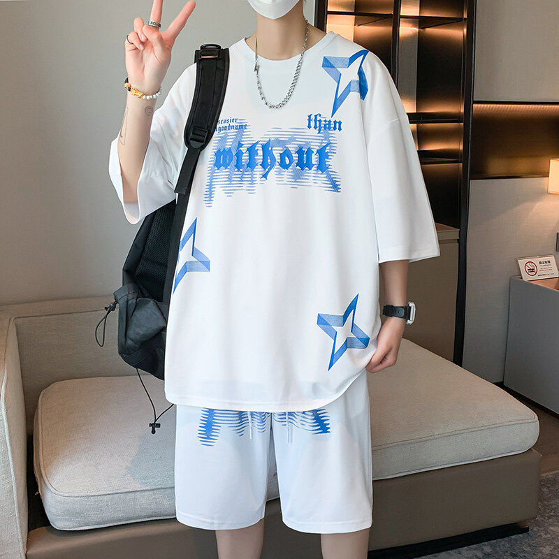 青少年短袖T恤短裤两件套夏季宽松时尚男士圆领印花休闲运动套装t