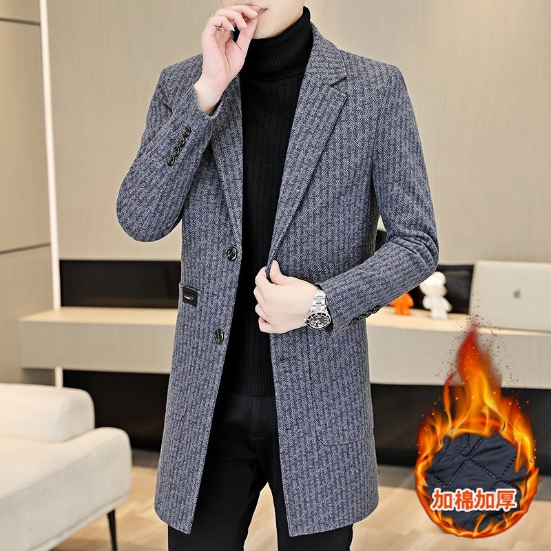 秋冬季毛呢大衣男韩版修身潮流时尚加棉加厚休闲中长款西装领风衣