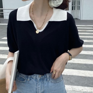 大码女装韩版ins风拼色V领短袖T恤胖妹妹学生宽松显瘦针织小衫潮