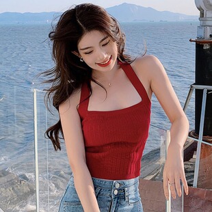 复古港风红色挂脖绑带背心女大码 外穿针织吊带打底上衣 胖妹妹夏季