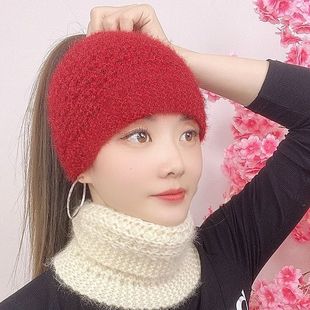 秋冬加厚女士两用手工编织松鼠围脖发戴护耳保暖遮白发宽边发戴