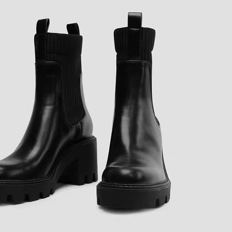 ZAUE GROOVED PLATFORM BOOTIES WOMENS AUTUMN AND WINTER NEW LEATHER SOCKS STYLE HIGH HEELS SLIMMING SLEEVE MARTIN BOOTS CHELSEA BOOTS