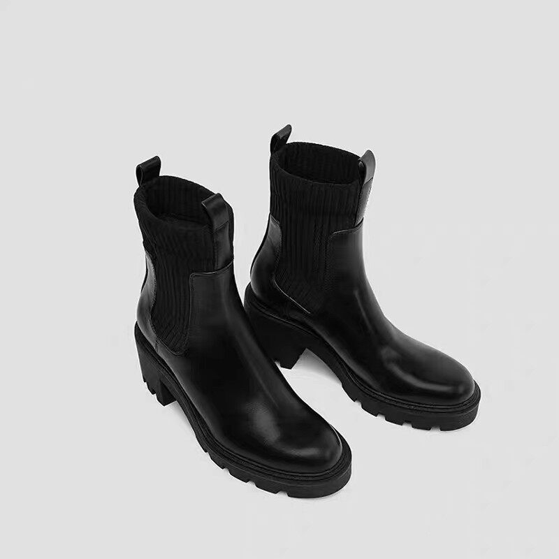 ZAUE GROOVED PLATFORM BOOTIES WOMENS AUTUMN AND WINTER NEW LEATHER SOCKS STYLE HIGH HEELS SLIMMING SLEEVE MARTIN BOOTS CHELSEA BOOTS