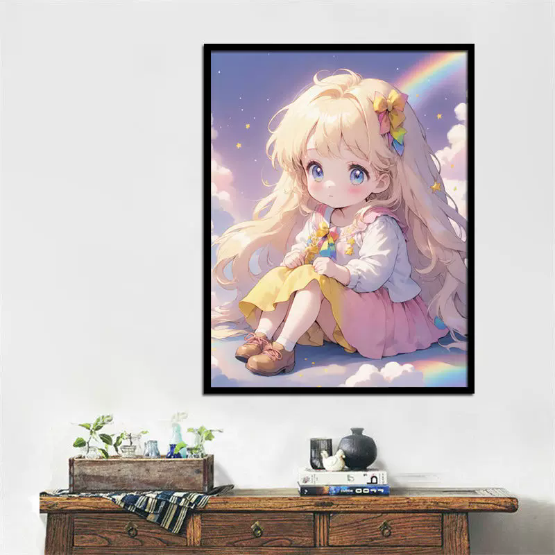 彩虹可爱小女孩十字绣2025新款满钻手工贴钻带相框卧室装饰画,居家布艺,钻石绣,淘宝优惠券,粉丝福利购,淘宝优惠卷