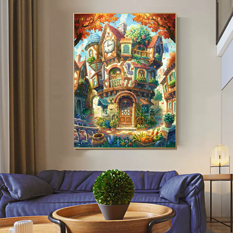 秋日田园风小屋十字绣2025新款满钻手工贴钻带相框客厅装饰画