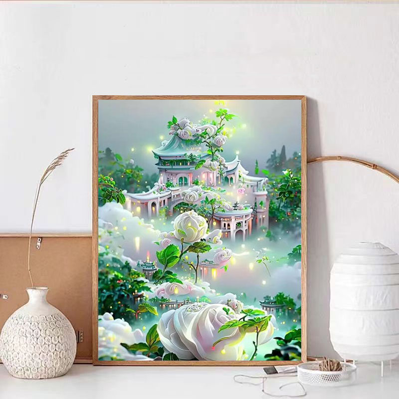 梦幻白玫瑰城堡钻石画2025新款5d满钻手工diy贴钻带框客厅装饰画