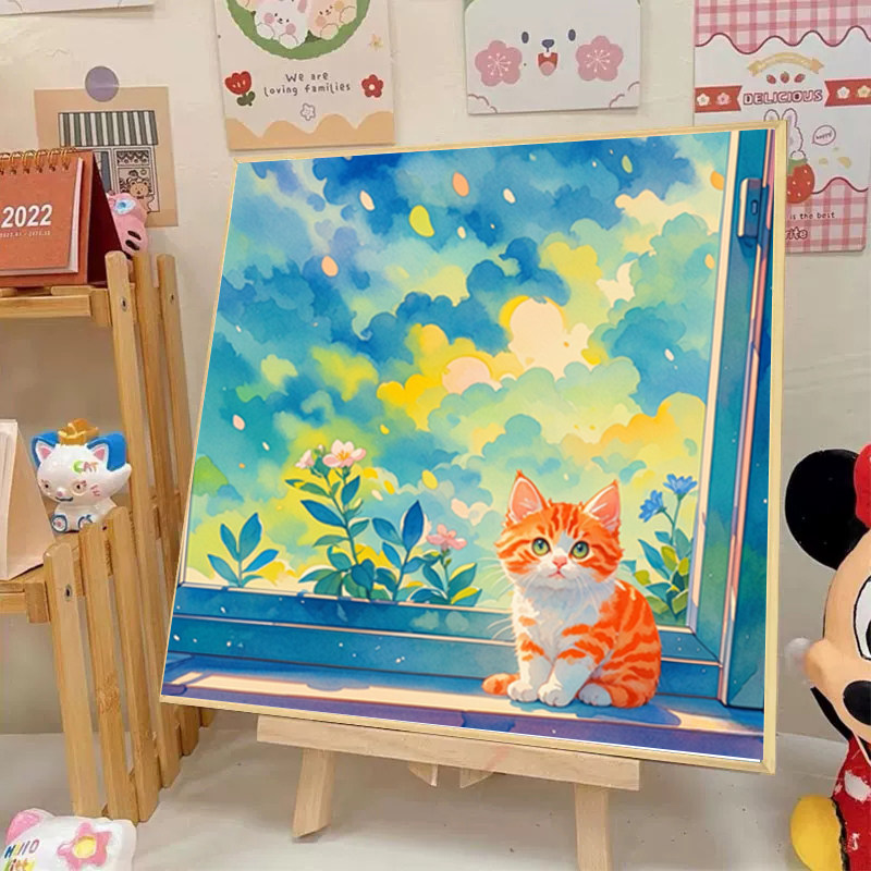 治愈系窗台猫咪十字绣2025新款手工钻石贴带相框客厅装饰画