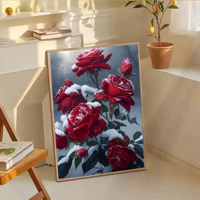 雪里红色玫瑰花钻石画2025新款5d满钻手工贴钻带框客厅装饰画,居家布艺,钻石绣,淘宝优惠券,粉丝福利购,淘宝优惠卷