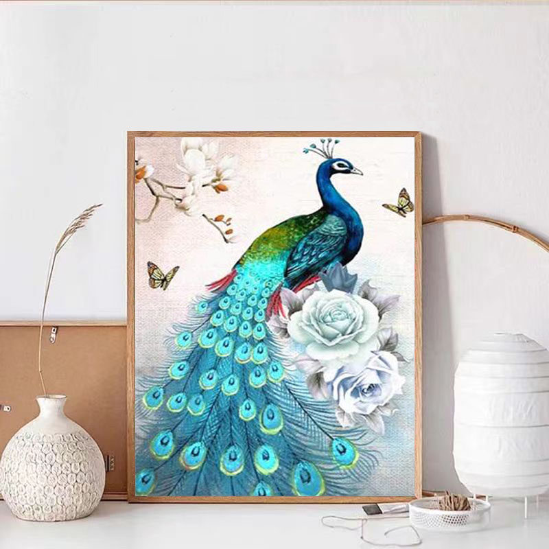 花开富贵孔雀钻石贴画2025新款5d满钻手工diy贴钻带框客厅装饰画