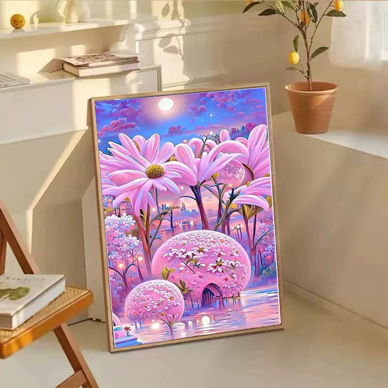 梦幻雏菊城堡钻石贴画2025新款5d满钻手工diy贴钻带框卧室装饰画,居家布艺,钻石绣,淘宝优惠券,粉丝福利购,淘宝优惠卷