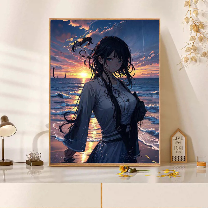 卡通海边少女钻石画2025新款5d满钻手工diy粘贴钻带框卧室装饰画,居家布艺,钻石绣,淘宝优惠券,粉丝福利购,淘宝优惠卷