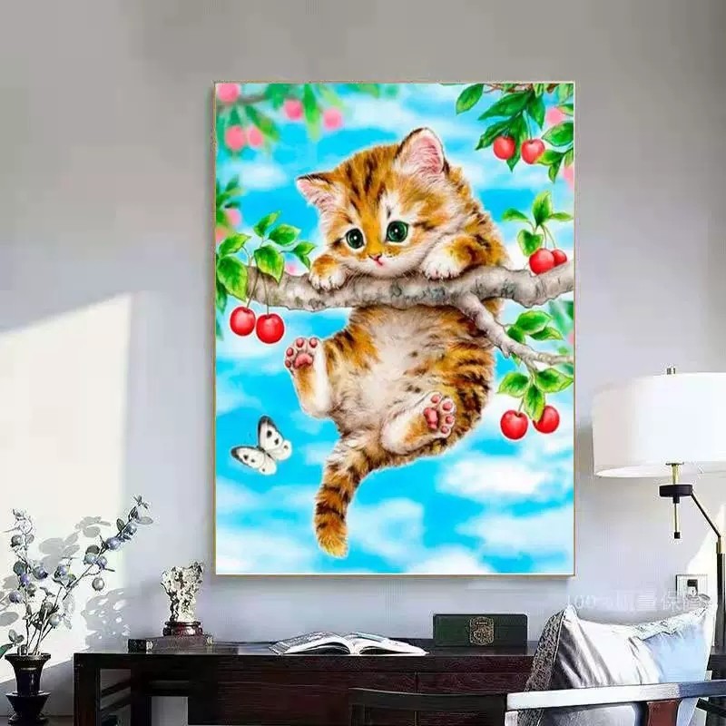樱桃树上的小猫钻石贴画2025新款满钻手工diy点贴带框客厅十字绣,居家布艺,钻石绣,淘宝优惠券,粉丝福利购,淘宝优惠卷