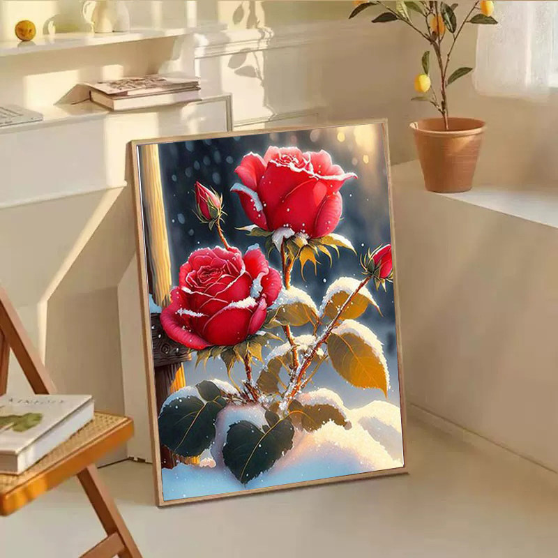 落雪红色玫瑰画钻石画2025新款5d满钻手工diy贴钻带框卧室十字绣,居家布艺,钻石绣,淘宝优惠券,粉丝福利购,淘宝优惠卷