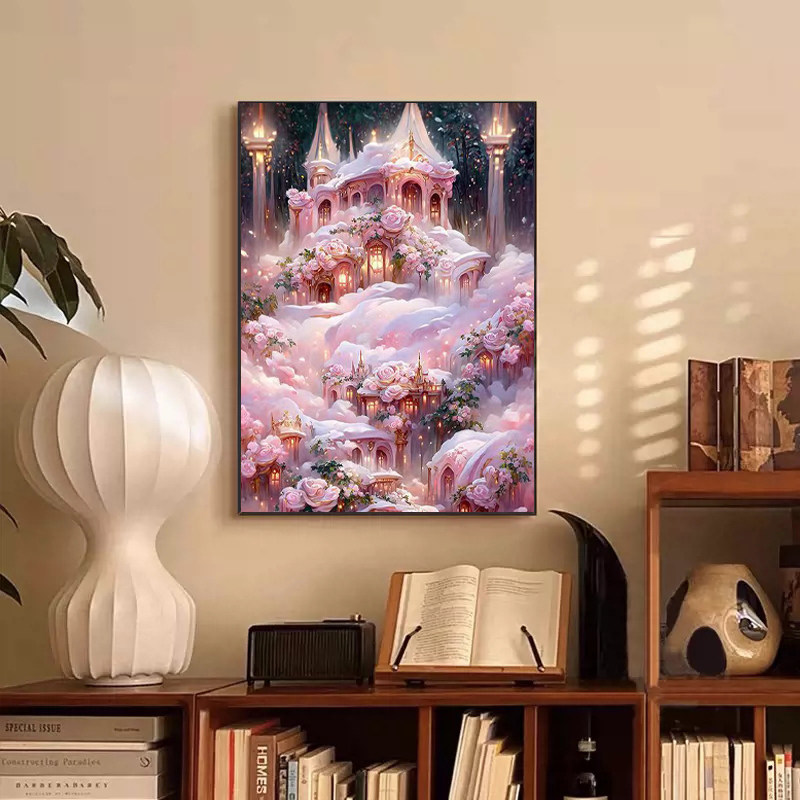 梦幻粉色玫瑰城堡钻石画2025新款5d满钻手工点贴绣带框客厅装饰画,居家布艺,钻石绣,淘宝优惠券,粉丝福利购,淘宝优惠卷