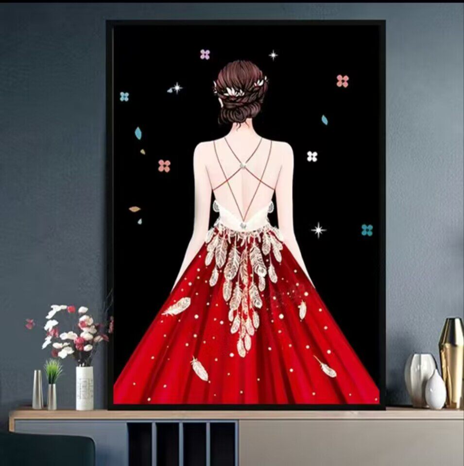 5d点贴钻十字绣2023新款红裙背影女孩婚纱带框钻石画客厅卧室小幅