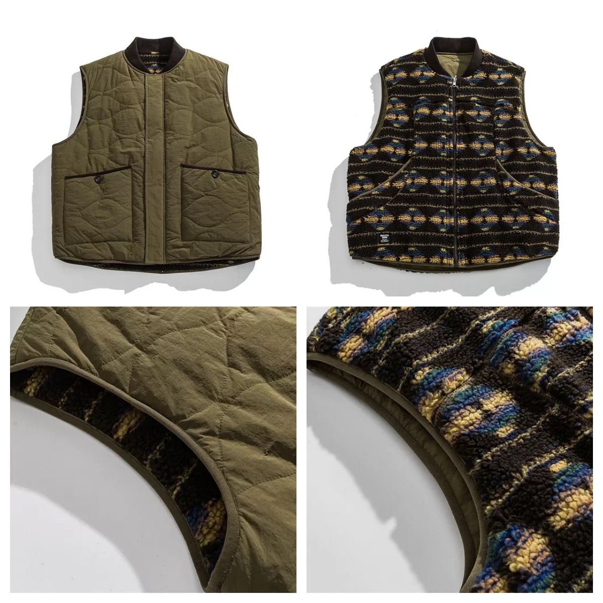 壹番ICHIBAN 新款日系复古包边棉服马甲 宽松加厚保暖双面穿背心