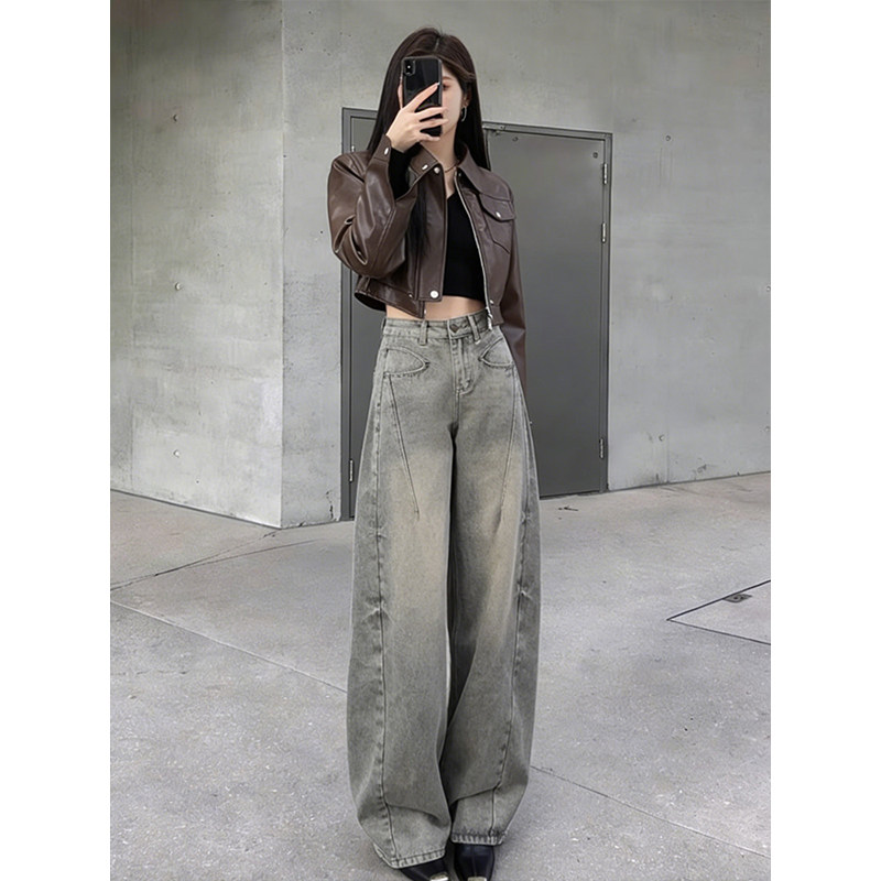 浅灰色美式弯刀牛仔裤女图片