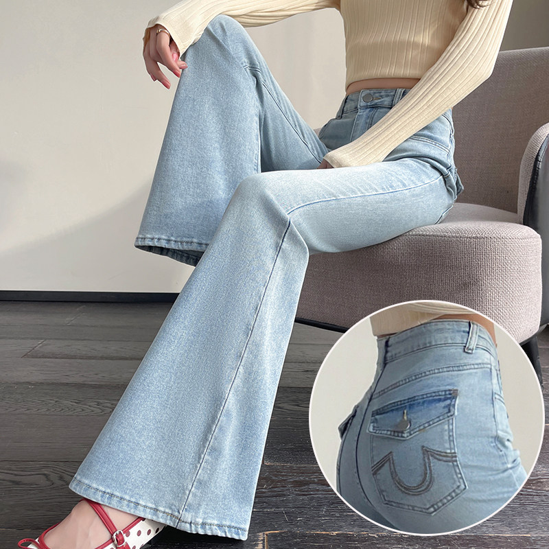 美式浅色紧身微喇叭牛仔裤女2026秋季新款梨型设计感拖地喇叭裤子