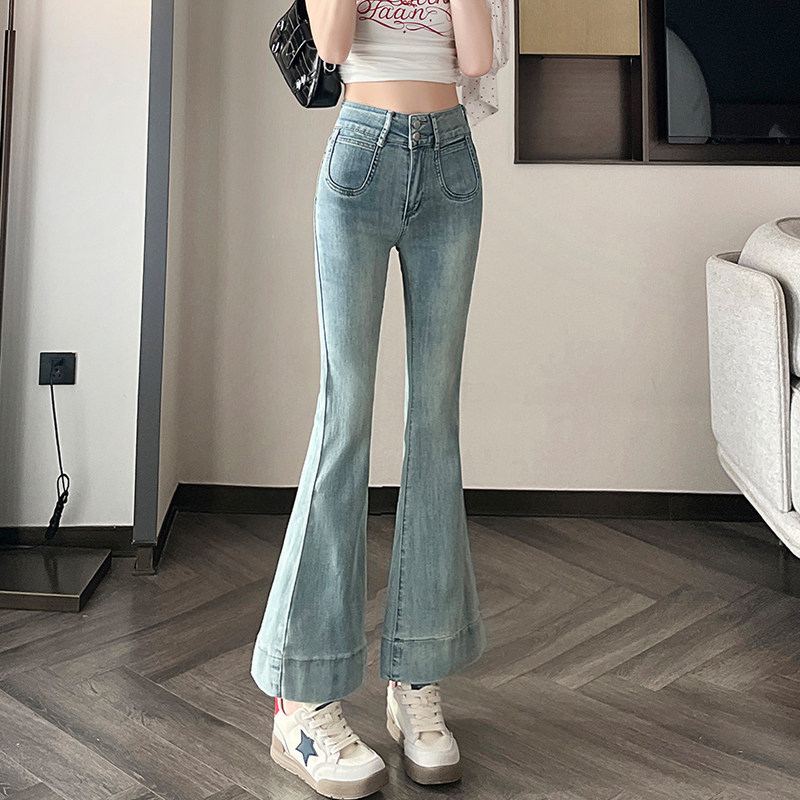 复古微喇牛仔裤女2026秋季超火高腰修身小个子收腹阔腿马蹄喇叭裤