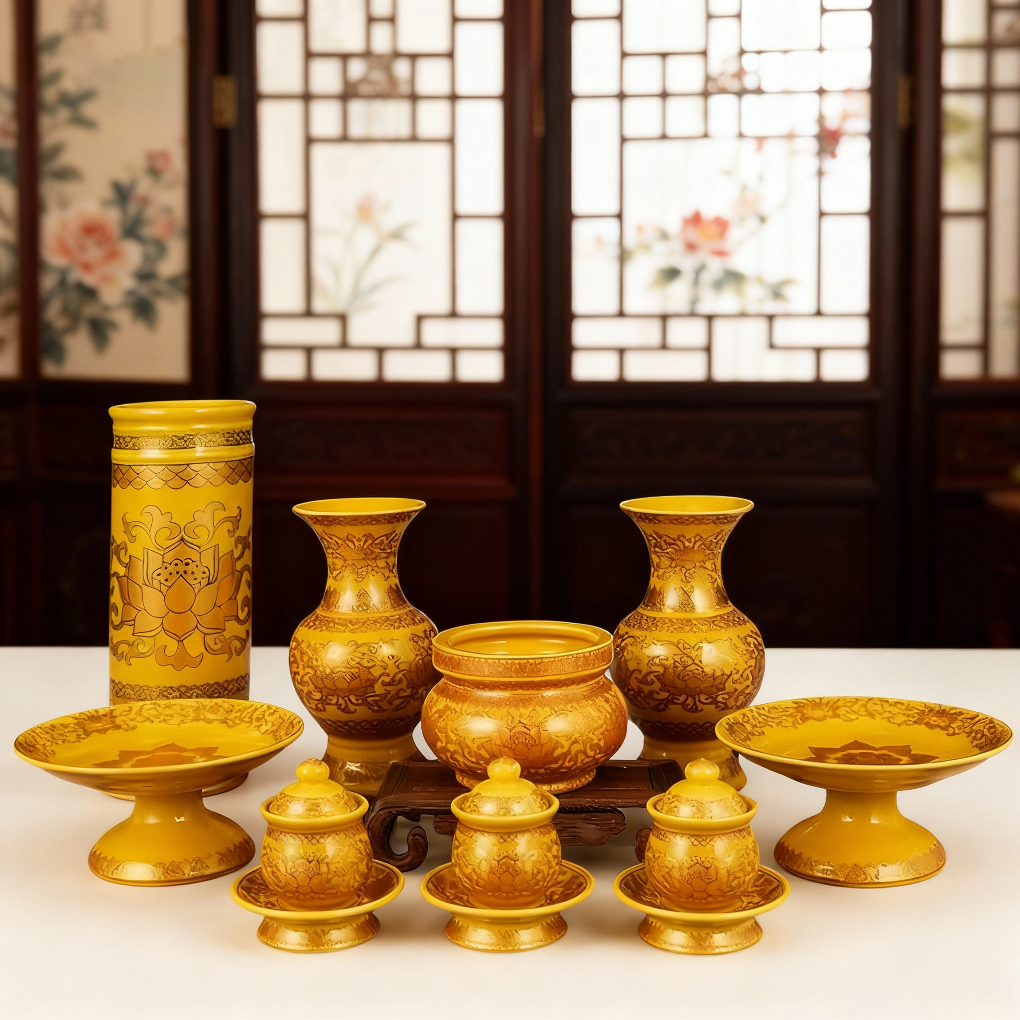 莲花供佛仙家佛具套装陶瓷佛前家用室内观音水杯花瓶香桶香炉果盘