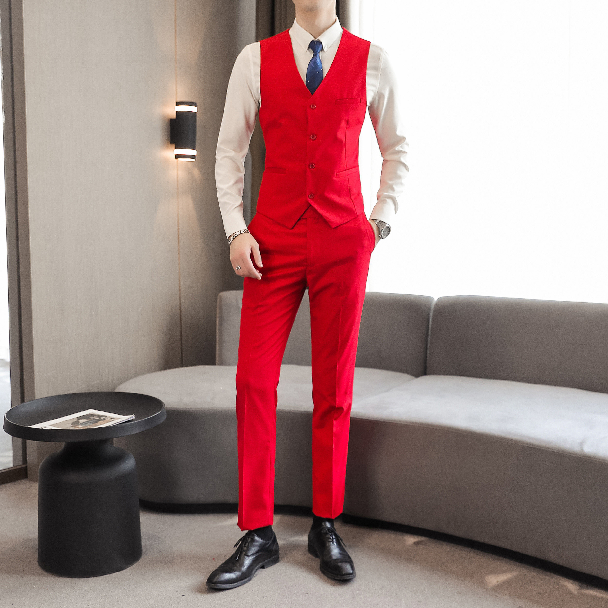 长期主推款男士大码马甲两件套10个色外贸跨境MJ711大红p100图片