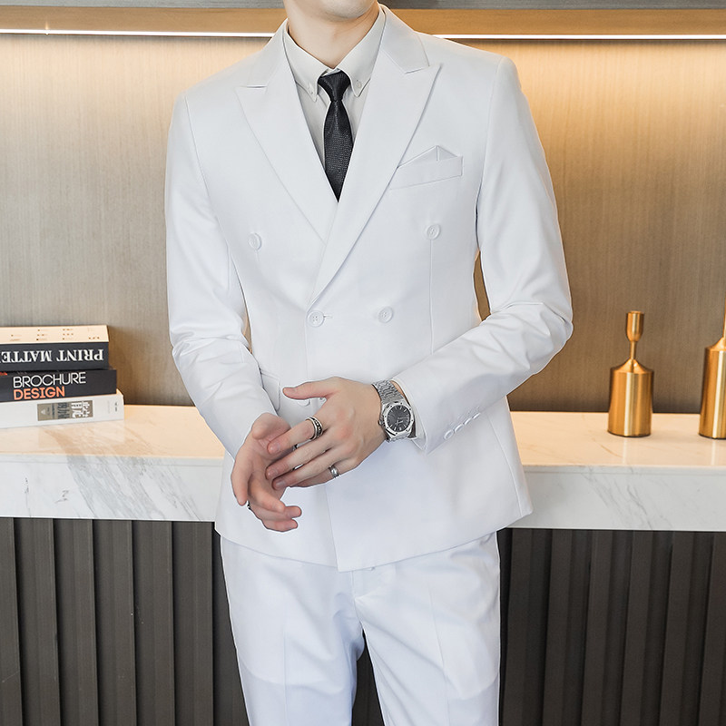 主推款模特男士大码西服三件套双排扣10个色外贸跨境7110白色p188图片