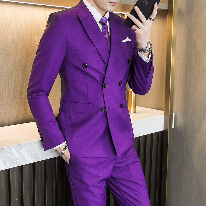 主推款模特男士大码西服三件套双排扣10个色外贸跨境7110紫色p188,男装西服,星座1616