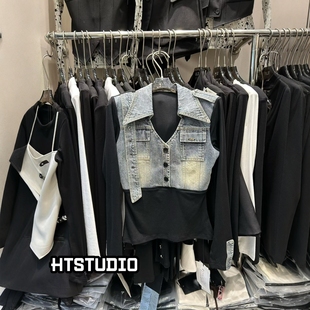 欧洲站洋气时尚 秋季 上衣 女2025新款 假两件牛仔衬衫