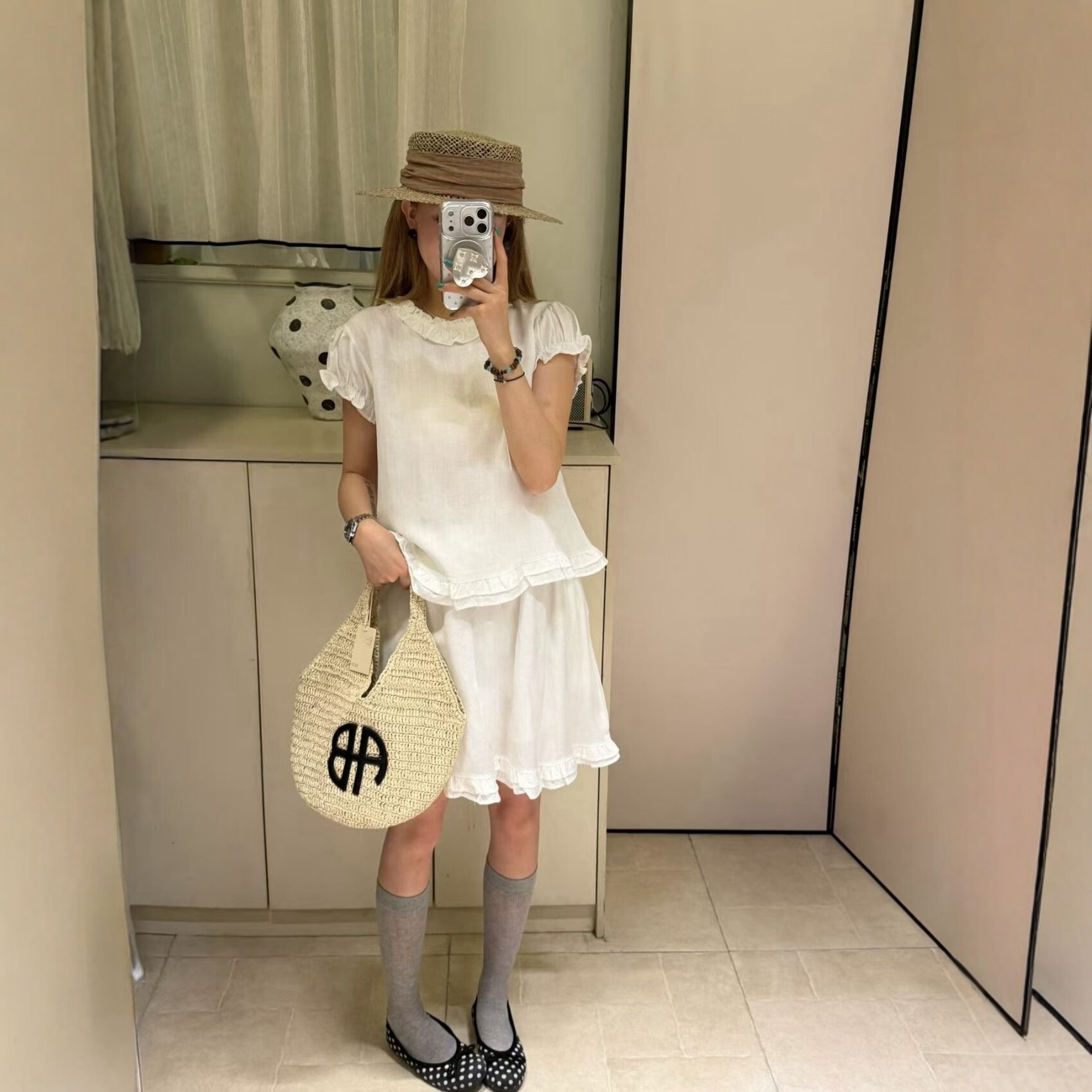 木耳边亚麻衬衫上衣半身裙两件套