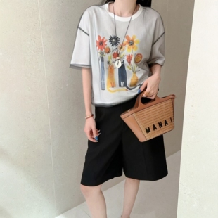 油画短袖T恤女2026新高支精梳棉质独幅定位印花网纱叠套白色上衣