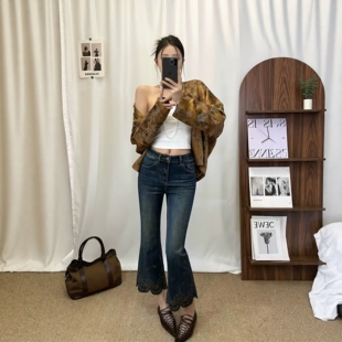重工刺绣花卉复古喇叭牛仔裤女2026新款冬季欧洲站加绒加厚九分裤