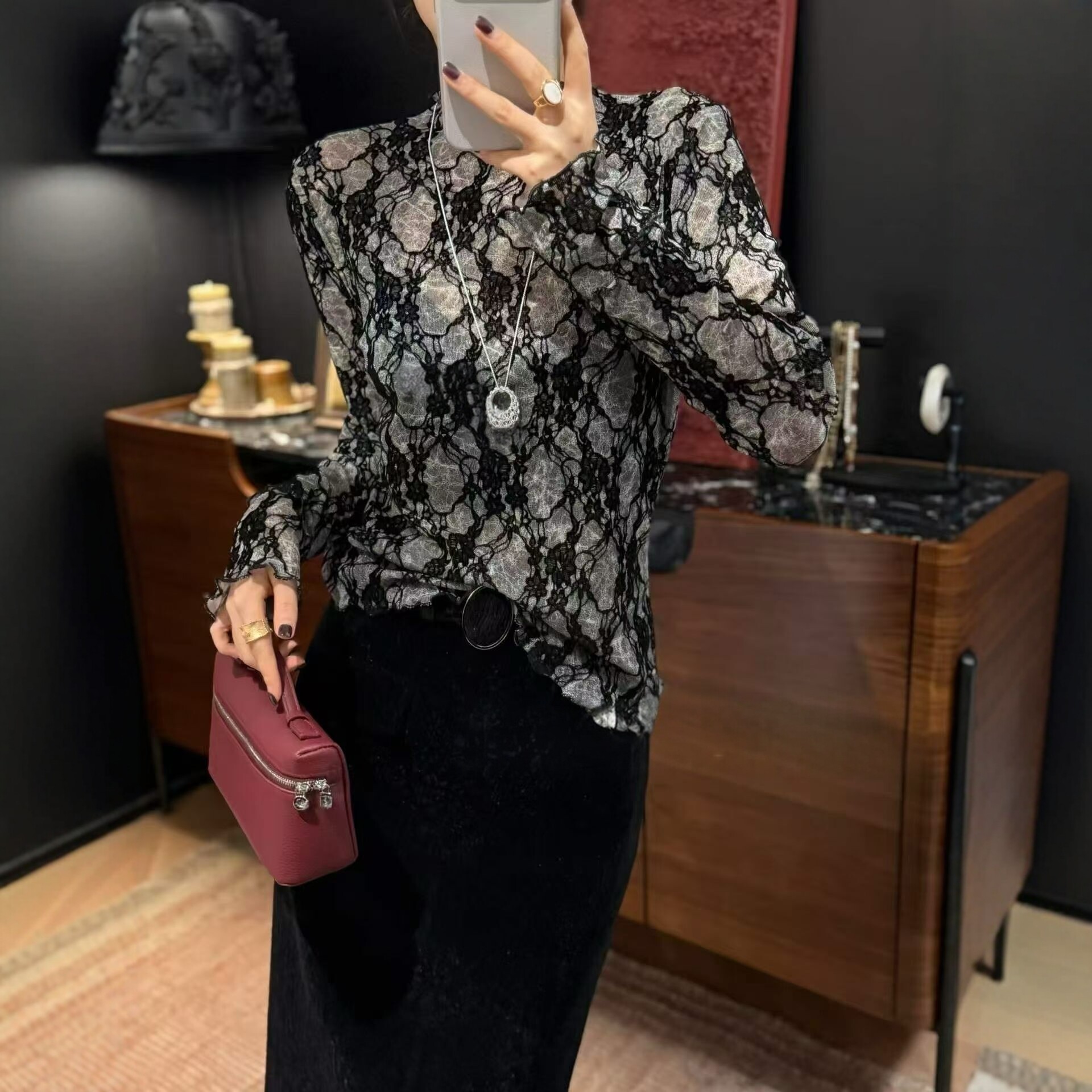 小香气质半高领t恤女2026蕾丝衫