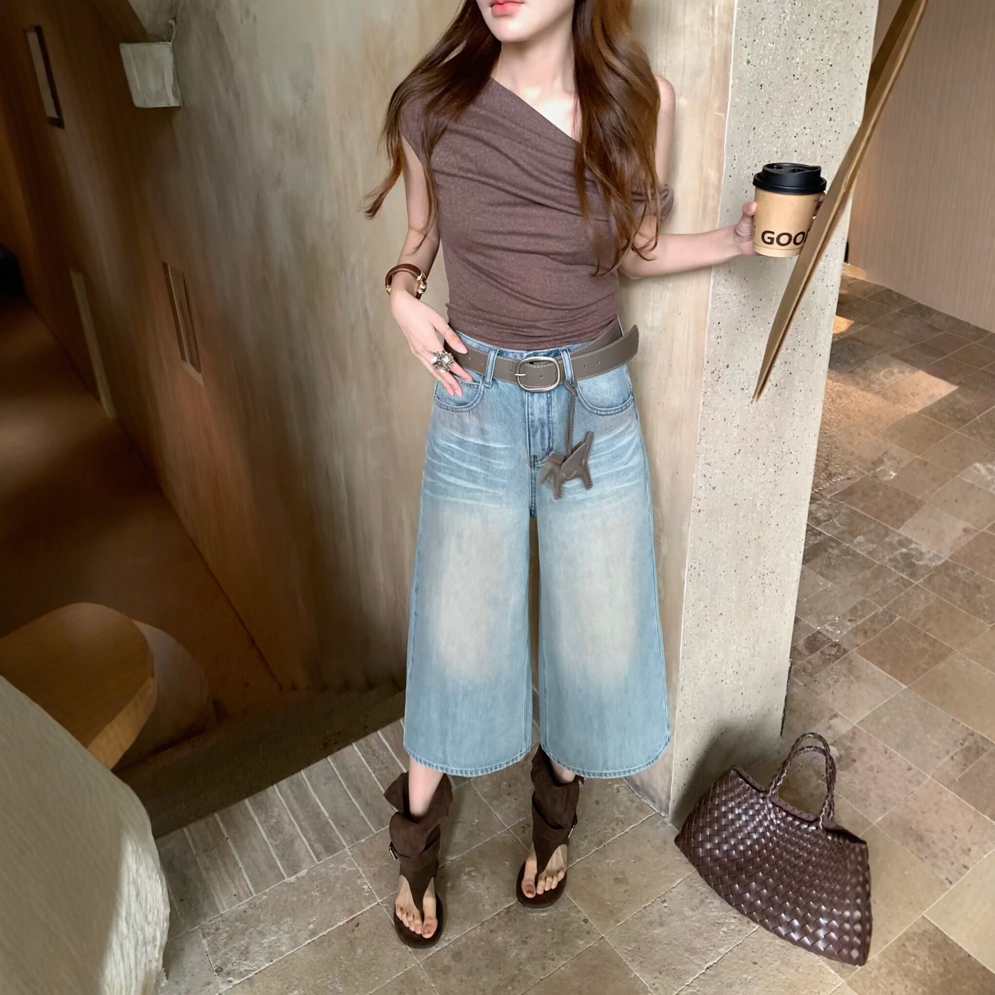 ZM水洗做旧七分牛仔裤女2026夏季新款欧洲站复古高腰显瘦阔腿裤潮