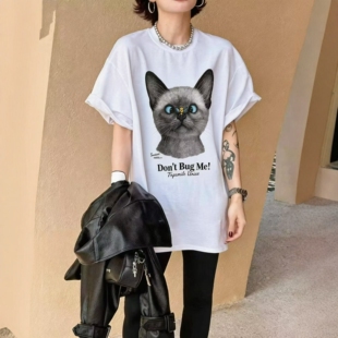 休闲风猫咪印花短袖 时尚 白色T恤女 春夏欧洲站大版 欧洲站2026新款