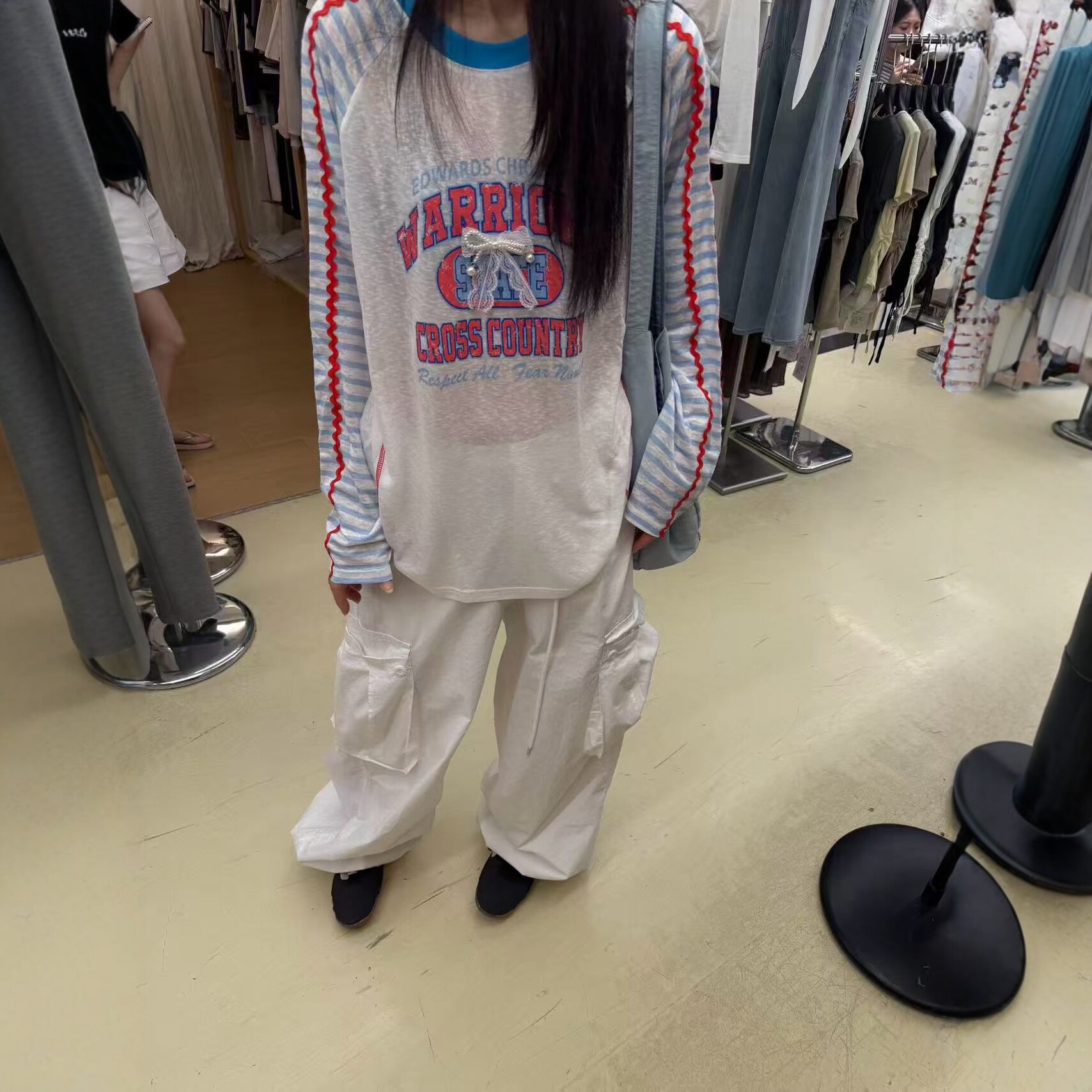 撞色条纹插肩袖长袖T恤女2026潮
